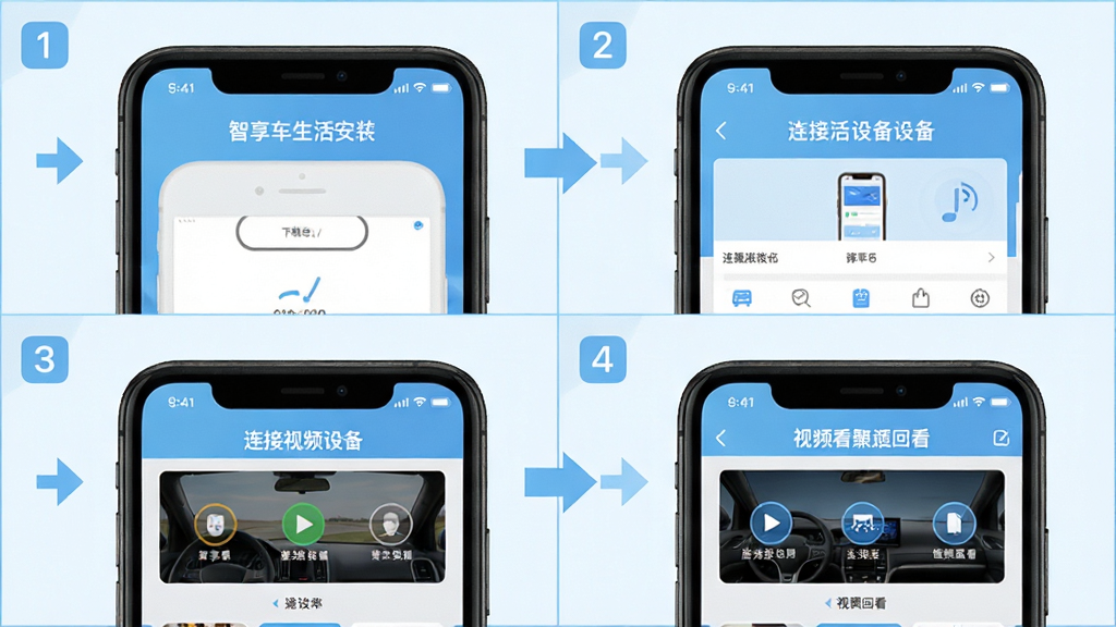 画面主体是智享车生活软件在手机上的操作流程图,展示从下载安装到连接设备再到视频回看的完整步骤,布局采用四格分镜排版,每格展示一个操作界面截图,风格为简洁明了的教程图解风,细节包括步骤编号、箭头指引、手机外框,画质清晰,画面干净,无多余元素,整体色调以浅蓝和白色为主