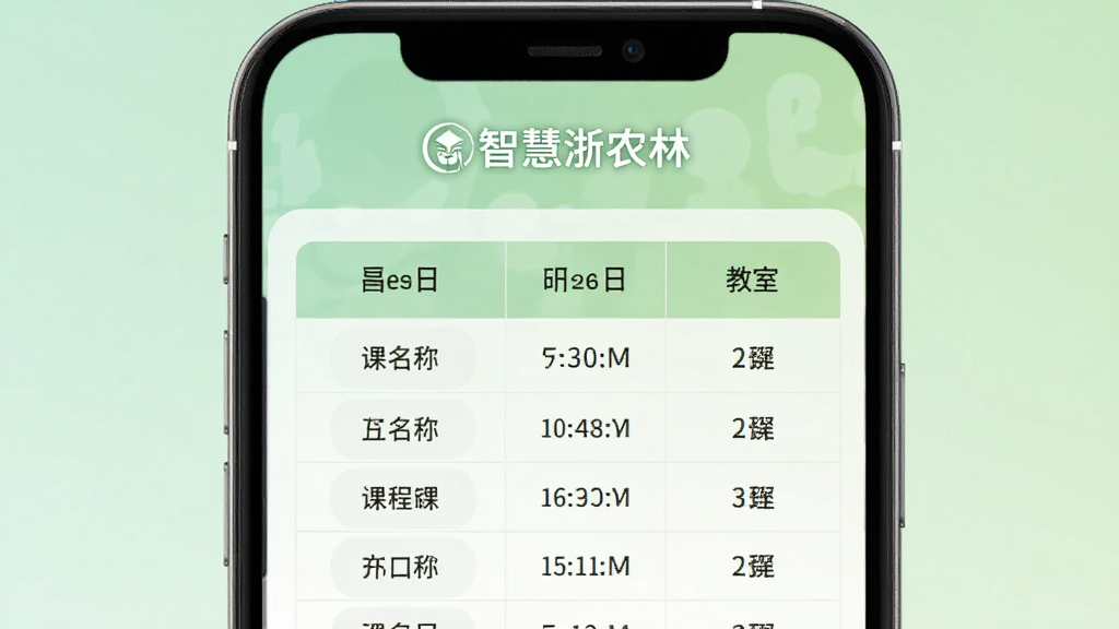 智慧浙农林教务功能界面预览图,画面展示手机屏幕中课表查询页面,表格清晰排列每日课程名称、时间、教室,背景为浅绿色渐变,页面顶部有智慧浙农林文字标识,整体风格简洁明快,高清画质,干净无多余元素