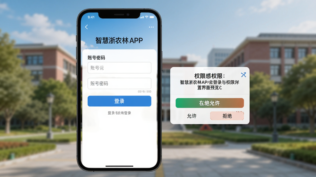 智慧浙农林APP登录与权限设置界面预览图,手机屏幕展示登录页面和权限请求弹窗,界面包含账号密码输入框、登录按钮、权限允许与拒绝选项,背景为校园风景虚化处理,风格简洁正式,高清画质,无多余元素