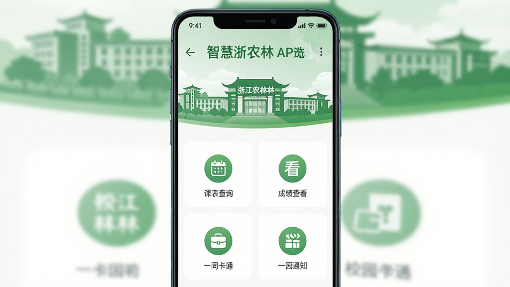 智慧浙农林APP主界面截图风格预览图,画面中央展示一部安卓手机,手机屏幕内呈现校园服务应用首页布局,包含课表查询、成绩查看、校园通知、一卡通等图标模块,顶部有浙江农林大学校园建筑剪影背景,整体风格清新明亮,配色以绿色和白色为主,干净整洁,高清画质,无多余元素
