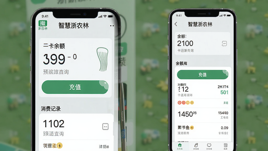 智慧浙农林生活服务功能预览图,手机屏幕展示一卡通查询与充值页面,界面包含余额显示、充值按钮、消费记录列表,背景为浅灰色调,顶部有智慧浙农林应用名称,整体排版整齐,高清画质,干净清爽