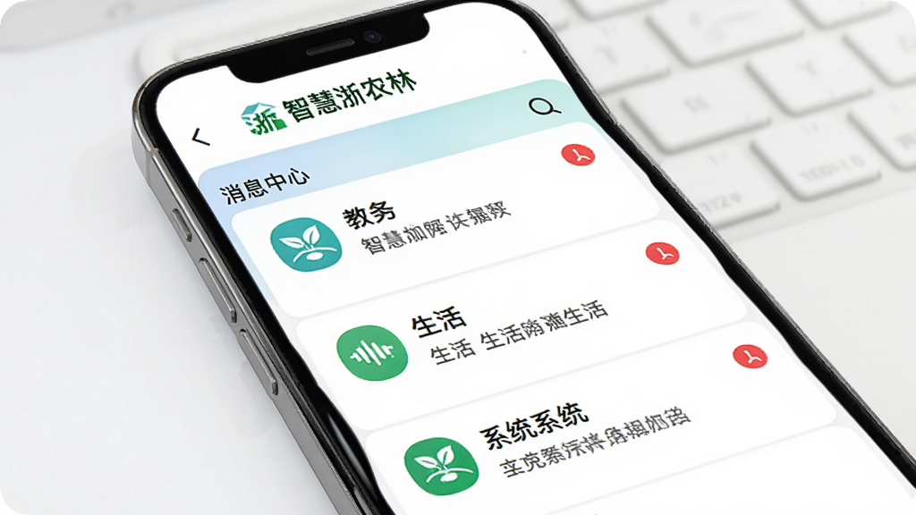 智慧浙农林消息提醒界面预览图,手机屏幕展示消息中心页面,消息按教务、生活、系统分类排列,每条消息有图标标识和未读红点,页面风格简洁现代,顶部有智慧浙农林标识,高清画质,无多余元素