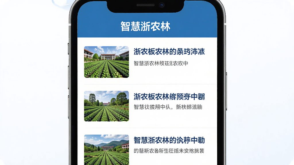智慧浙农林资讯推送界面预览图,手机屏幕展示校园新闻列表页面,每条资讯配有缩略图和标题,顶部有智慧浙农林字样,页面配色以蓝白为主,风格清爽简约,高清画质,无多余元素