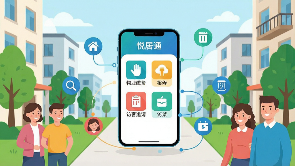 一幅展示现代智慧社区生活场景的插画,画面中央放置一部智能手机,屏幕中显示“悦居通”软件主界面,界面包含物业缴费、报修、门禁、访客邀请等功能图标;背景是整洁的小区楼宇、绿树和微笑的居民;布局采用中心聚焦、四周延展的构图;风格为扁平化科技插画,色彩明亮干净;细节包括手机周围环绕着代表数据连接的线条与图标;画质高清,干净,无多余元素