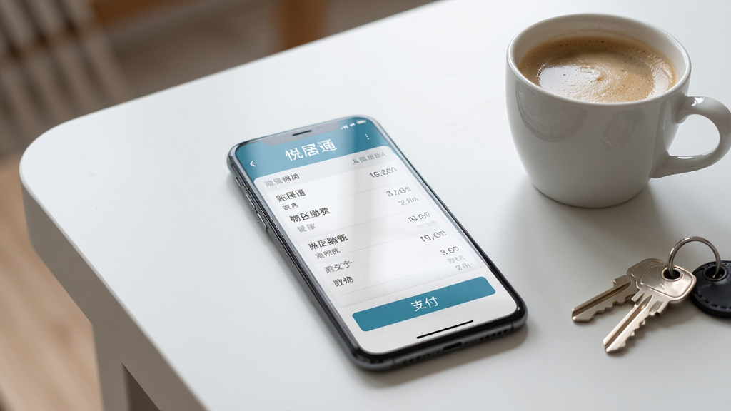 一幅表现“悦居通”物业缴费功能的场景图,画面主体是一部手机,屏幕显示账单列表和支付按钮,手机旁有一杯咖啡和钥匙;布局为手机居中、桌面背景;排版简洁;风格为写实生活摄影风;细节包括手机屏幕反射柔和光线,桌面干净;画质清晰,干净,无多余元素