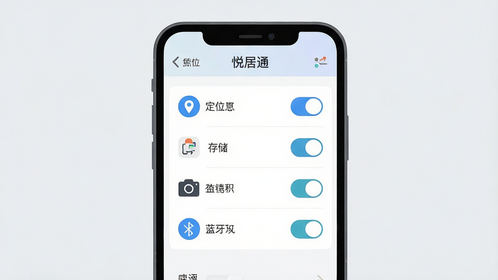 一幅展示“悦居通”手机权限设置界面的示意图,画面主体是手机屏幕显示权限管理页面,包括定位、存储、相机、蓝牙等开关;布局为手机正面居中,背景淡灰色;排版清晰;风格为扁平化UI示意图;细节包括权限图标和文字标注;画质高清,干净,无多余元素