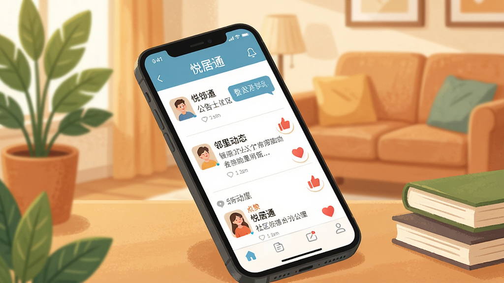 一幅展示“悦居通”社区公告与邻里互动功能的图片,画面中手机屏幕显示公告列表和邻里动态,背景是温馨的客厅场景;布局为手机斜放、周围有绿植和书本;排版轻松;风格为温馨生活插画;细节包括屏幕上有消息气泡和点赞图标;画质高清,干净,无多余元素