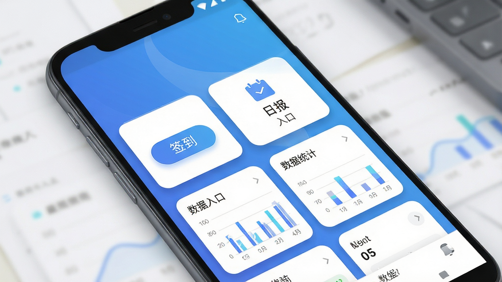 晨光聚宝盆移动办公界面展示,主体为一部安卓手机屏幕,屏幕内显示应用主页面包含签到按钮、日报入口、数据统计卡片等模块,布局简洁清晰,排版采用上下结构,风格为现代扁平化商务风,细节包含蓝色渐变背景、圆角卡片、微阴影层次,画质高清,干净无多余元素