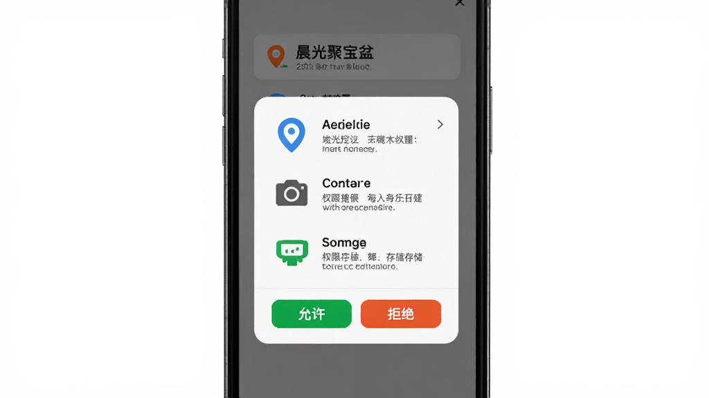 晨光聚宝盆新手设置引导页面,主体为手机屏幕展示权限授权弹窗,布局为居中模态框包含定位、相机、存储三个图标,排版为纵向排列,风格为简洁明快引导风,细节包含允许与拒绝按钮、权限说明文字,画质清晰,干净无多余元素