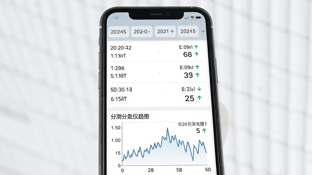 一张展示精测分贝仪历史记录界面的图片,主体为手机屏幕显示数据列表与折线图,布局上方为日期选择栏,下方为分贝变化曲线图,排版清晰有序,风格为简约商务风,细节包含时间戳、分贝数值标签、趋势箭头,画质高清,干净,无多余元素