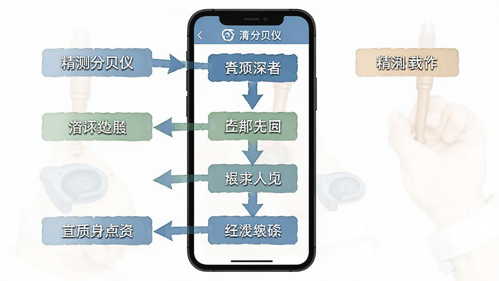 一张展示精测分贝仪使用教程的图片,主体为手机屏幕显示操作步骤示意图,布局为分步图解形式,排版从上到下依次排列,风格为扁平化设计,细节包含箭头指引、文字说明框、手机轮廓,画质高清,干净,无多余元素