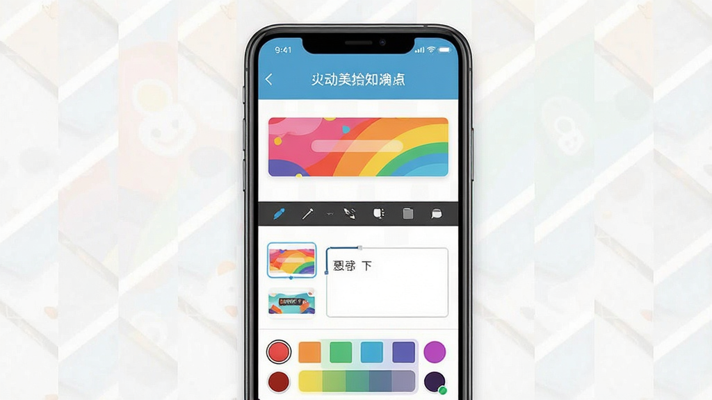一张手机屏幕展示灵动横幅应用界面的预览图,主体为手机居中放置,屏幕内显示彩色横幅模板与编辑工具栏,布局采用上下结构上方为应用标题下方为功能区域,排版整齐有序,风格为现代扁平化设计,细节包括横幅模板缩略图、文字编辑框、颜色选择器,画质高清干净无多余元素