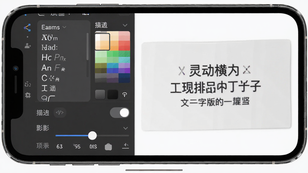 灵动横幅应用内展示文字排版编辑功能的界面截图,主体为手机屏幕特写,布局为左侧文字工具栏右侧实时预览区,排版采用左右分栏结构,风格为简洁明快的工具类应用界面,细节包括字体列表、颜色面板、描边开关、阴影调节滑块,画质清晰干净无多余元素