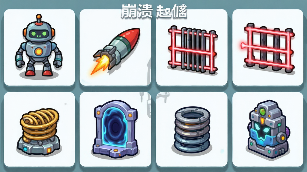 一张展示“崩溃制造”游戏内多种机关和敌人的图鉴式画面,画面中整齐排列着巡逻机器人、追踪导弹、激光栅栏、弹簧、传送门等元素,每个元素都带有简洁的图标说明。布局采用网格排列,每个元素占据一个独立格子。风格为卡通图标设计,细节包括每个机关独特的颜色和造型特征、边缘的立体感阴影。画质干净清晰,背景为纯色,无多余装饰。