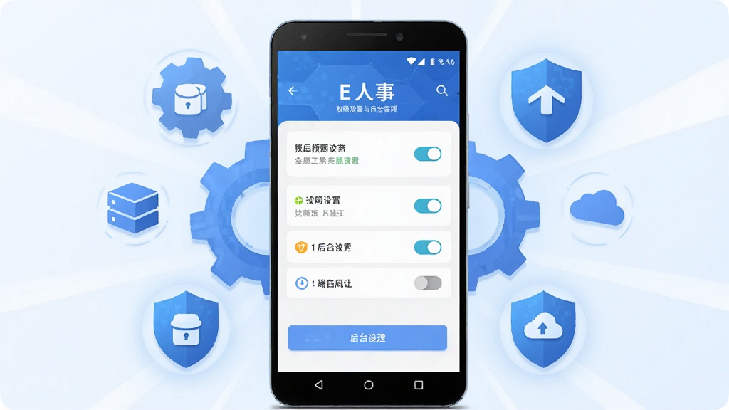 画面中央为一部安卓手机,屏幕上显示“E人事”的权限设置与后台管理界面;手机周围环绕齿轮、盾牌、备份图标等元素;整体布局为居中放射状;风格为科技感扁平插画;细节包括清晰的设置开关、提示文字、柔和的蓝色光效;画质为高清,画面干净,无多余元素。