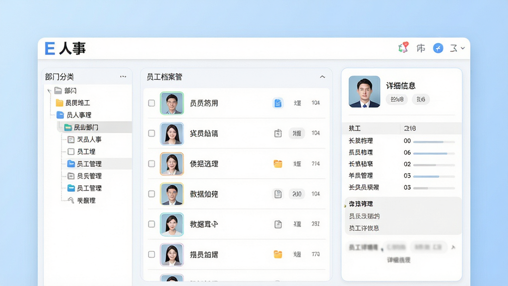 画面中央为“E人事”软件界面截图风格,展示员工档案管理页面,页面左侧为部门分类树,中间为员工头像和姓名列表,右侧为员工详细信息卡片;背景为浅蓝色渐变;风格为清爽的商务办公风格;细节包括整齐的表格线条、圆角卡片、简洁的图标;画质为高清,画面干净,无多余元素。