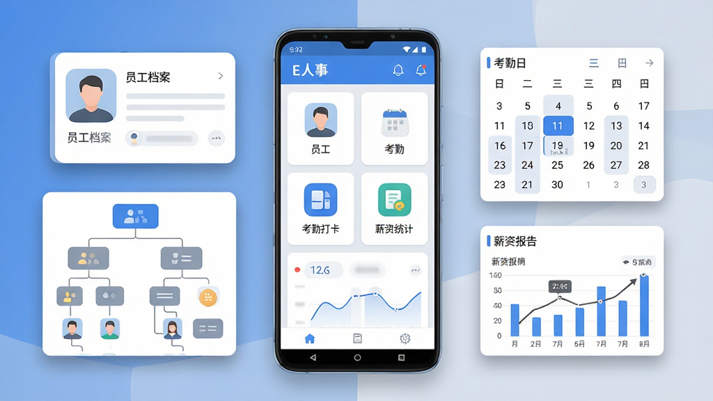 画面中央放置一部安卓手机,手机屏幕上显示“E人事”应用主界面,界面中包含员工列表、考勤打卡、薪资统计等模块图标;手机左侧漂浮员工档案卡片与组织架构树状图,右侧漂浮考勤日历与薪资报表图表;整体布局为横向展开的产品展示图;风格为现代简洁的商务扁平化设计,配色以蓝白灰为主;细节包括圆角图标、清晰的数据图表、柔和的阴影层次;画质为高清2K,画面干净,无多余元素。