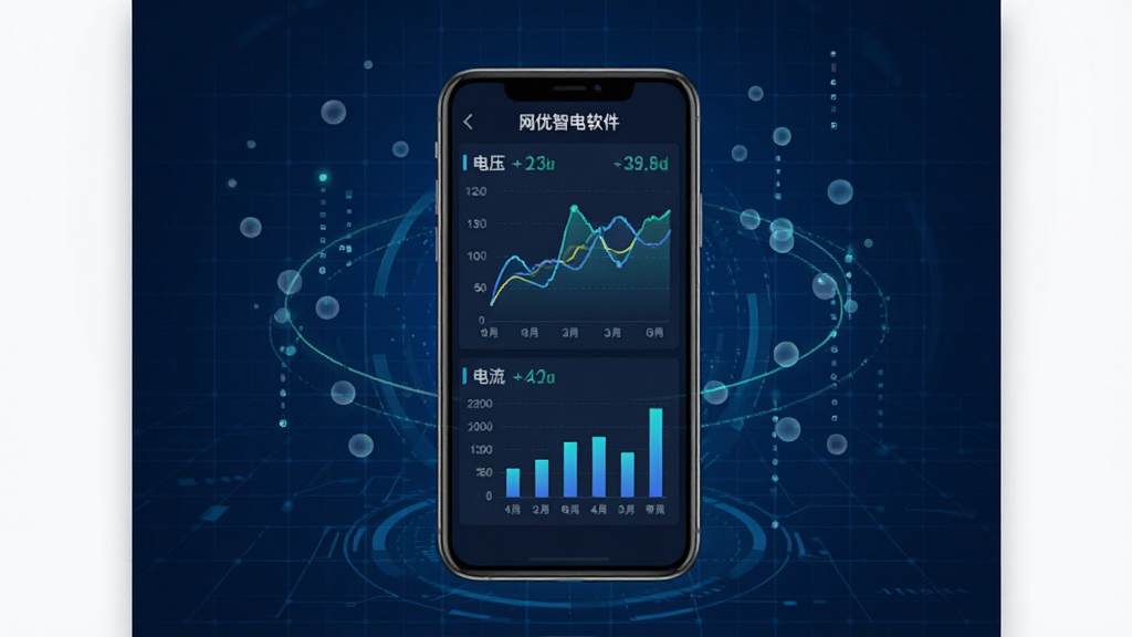 网优智电软件实时数据监控界面截图风格,画面中心是一部手机,屏幕显示动态的折线图和柱状图,图表旁标注着电压、电流数值。背景为深蓝色科技感网格,手机周围漂浮着半透明的数据粒子。整体风格简洁、数据可视化强,画质清晰干净,无杂乱元素。