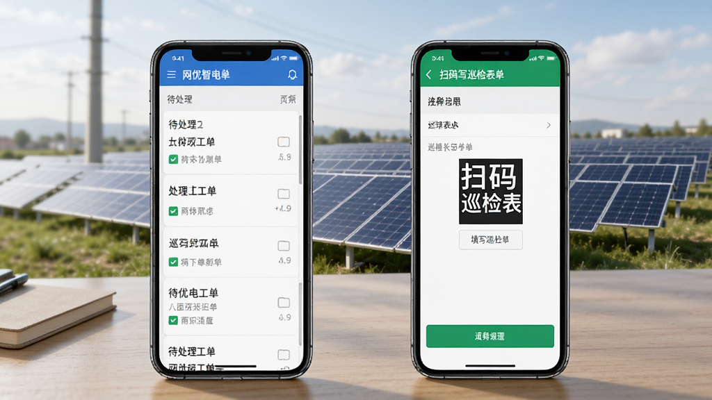 网优智电软件工单管理界面示意图,画面中一部手机显示待处理工单列表,另一部手机显示扫码填写巡检表单的界面。两部手机并排放在带有光伏电站背景的桌面上。风格偏向办公实用场景,光线自然,画质干净,无多余元素。