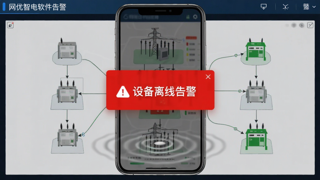 网优智电软件告警推送功能展示图,画面主体为手机屏幕弹出红色告警卡片,卡片上写有“设备离线告警”字样,屏幕背景为电站设备拓扑图。手机下方有轻微的震动波纹特效。风格偏向紧急通知的视觉感受,色彩对比鲜明,画质清晰,无多余装饰。