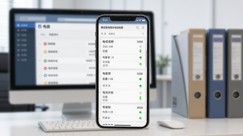 网优智电软件电站档案列表界面,手机屏幕显示多个电站卡片,卡片上有电站名称、容量和状态指示灯。背景为虚化的办公室环境,有电脑屏幕和文件夹。风格商务简洁,画质清晰,无多余元素。