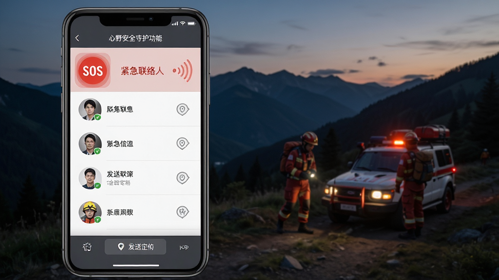 心野安全守护功能界面,主体为手机屏幕显示紧急联络人列表与发送定位按钮,背景为傍晚山野救援场景,布局采用底部操作栏与中部信息展示,风格沉稳可靠,细节包括SOS图标、联系人头像、定位信号波纹,画质清晰,干净,无多余元素