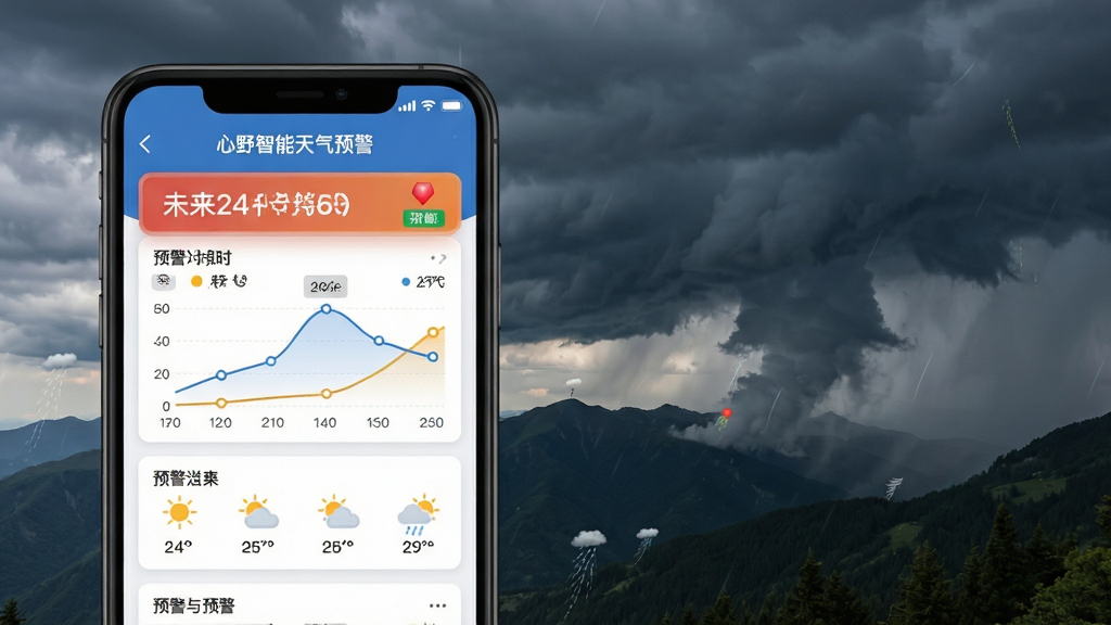 心野智能天气预警界面,画面主体为手机屏幕显示未来24小时天气变化曲线与预警提示横幅,背景为乌云密布的山间气象场景,布局采用卡片式信息流,风格现代简洁,细节包括温度折线图、天气图标、预警颜色标识,画质清晰,干净,无多余元素