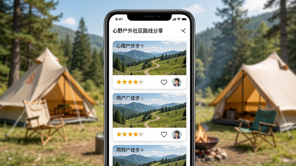 心野户外社区路线分享页面,主体为手机屏幕展示多条用户发布的徒步路线卡片,背景为户外营地场景,布局采用瀑布流卡片排列,风格清新明亮,细节包括路线缩略图、难度星级、用户头像、点赞图标,画质清晰,干净,无多余元素