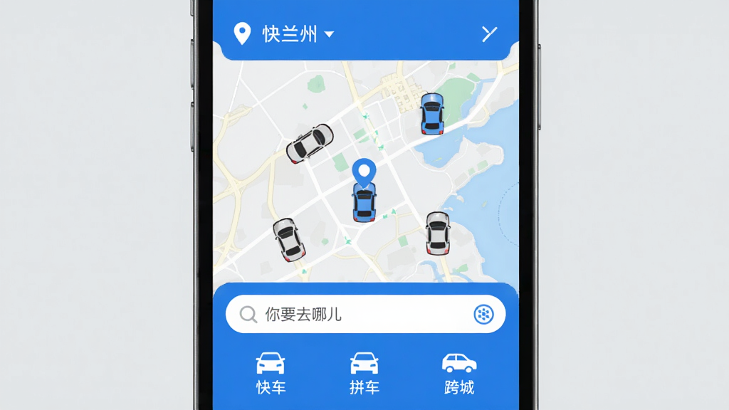 手机屏幕显示快点出发APP乘客端首页界面,顶部定位城市兰州,中间地图展示附近车辆图标,底部有“你要去哪儿”搜索框和“快车”“拼车”“跨城”三个功能按钮,整体采用蓝白配色,界面干净简洁,背景为浅灰色,画质清晰,无多余元素