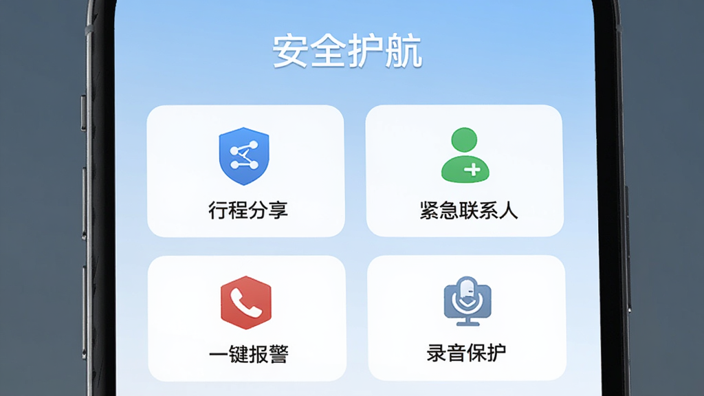 快点出发APP安全中心页面,手机屏幕显示“行程分享”“紧急联系人”“一键报警”“录音保护”四个功能入口,每个入口配有盾牌或电话图标,页面顶部有“安全护航”字样,背景为淡蓝色渐变,风格稳重简洁,画质清晰,无多余装饰