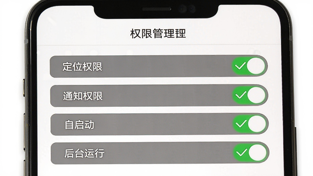 快点出发APP使用技巧示意图,手机屏幕显示设置页面,包含“定位权限”“通知权限”“自启动”“后台运行”四个开关按钮,每个按钮旁有绿色对勾图标,页面顶部有“权限管理”字样,背景为白色,风格简洁明了,画质清晰,无多余元素