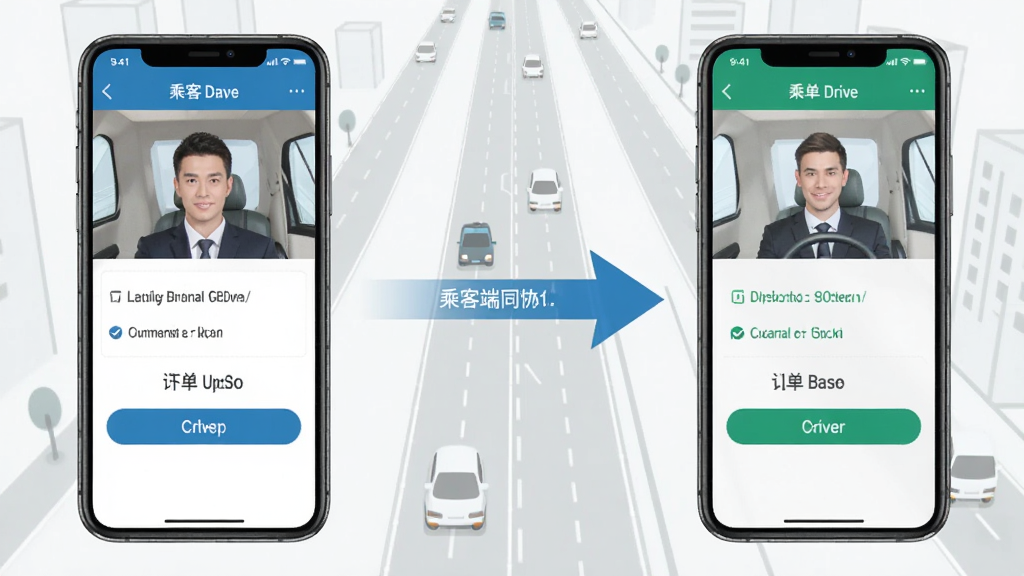 快点出发司机端与乘客端协同工作示意图,左侧手机显示乘客端下单页面,右侧手机显示司机端接单页面,中间用箭头连接表示订单流转,背景为浅灰色城市道路线条,整体风格商务简洁,画质清晰,无多余文字