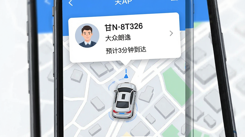快点出发APP叫车界面特写,手机竖屏展示,地图上显示一辆小车图标正朝乘客位置移动,上方弹出司机接单卡片,包含司机头像、车牌号“甘N8T326”、车型“大众朗逸”和“预计3分钟到达”字样,背景为城市街道简图,蓝白色调,画面干净清晰