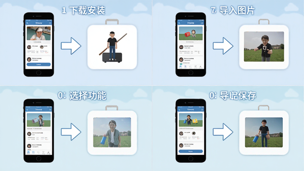 易可图新手操作流程示意图,画面分为四格,分别展示下载安装、导入图片、选择功能、导出保存四个步骤,每格配有手机界面简图与箭头指引,整体布局田字格排版,风格扁平化教学图,细节清晰,画质高清,干净无多余元素