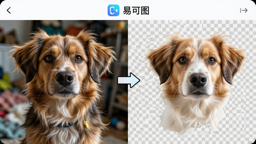 易可图AI智能抠图功能演示图,画面左侧为一张背景杂乱的宠物狗照片,右侧为抠图后干净的透明背景效果,中间有箭头指向,界面顶部显示“易可图”logo,布局左右对比排版,风格清爽科技感,细节展示发丝边缘,画质高清,干净无多余元素