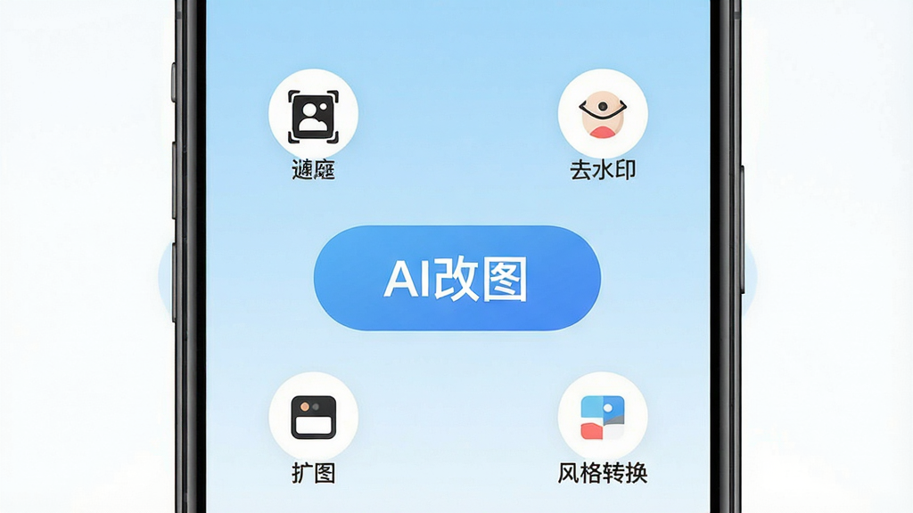 一张手机屏幕展示易可图APP主界面,界面中央是“AI改图”大按钮,周围环绕抠图、去水印、扩图、风格转换四个功能图标,背景为浅蓝色渐变,整体布局简洁干净,扁平化设计风格,细节清晰,画质高清,干净无多余元素