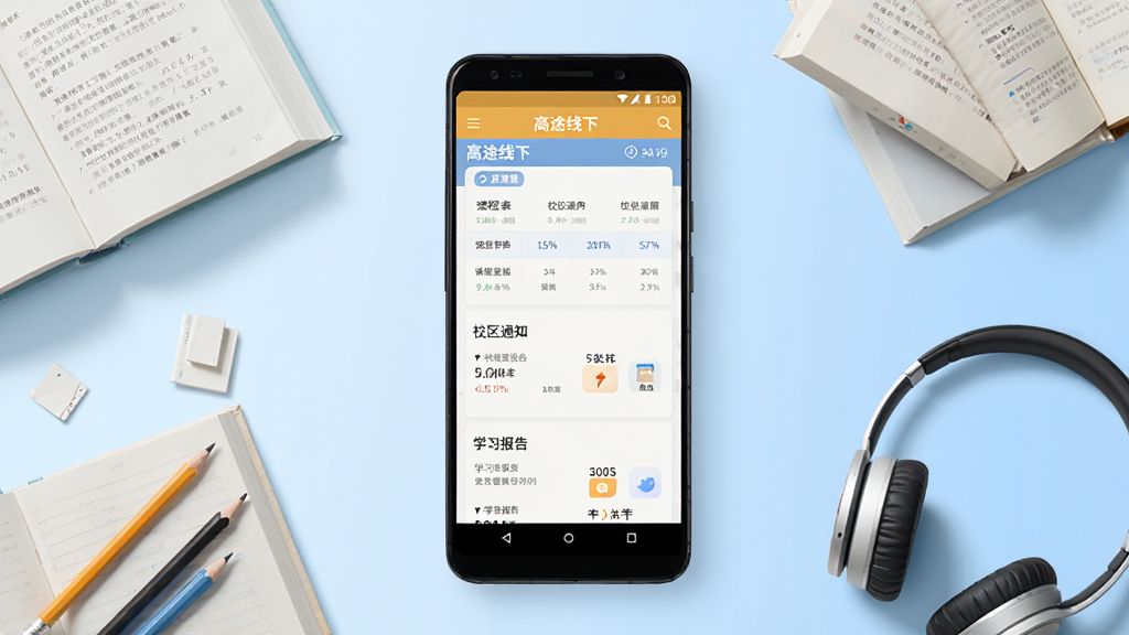 高途线下App官方界面展示图,画面中央是一部安卓手机,手机屏幕上显示高途线下App首页,包含课程表、校区通知、学习报告等模块,手机周围环绕着书本、铅笔、耳机等学习元素,背景为浅蓝色渐变,整体风格清新简洁,排版居中对称,细节清晰,画质干净,无多余元素,图中文字为“高途线下”