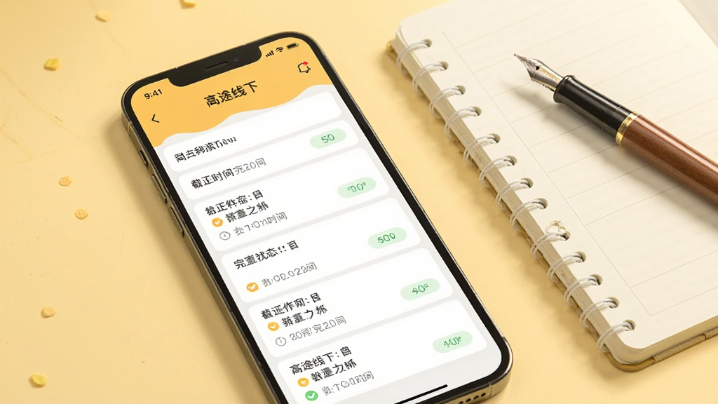 高途线下App作业任务界面图,画面中手机屏幕显示作业列表,每项作业标注科目、截止时间和完成状态,手机旁有笔记本和钢笔,背景为浅黄色,风格温馨柔和,排版整齐,画质干净,无多余元素,图中文字为“高途线下”