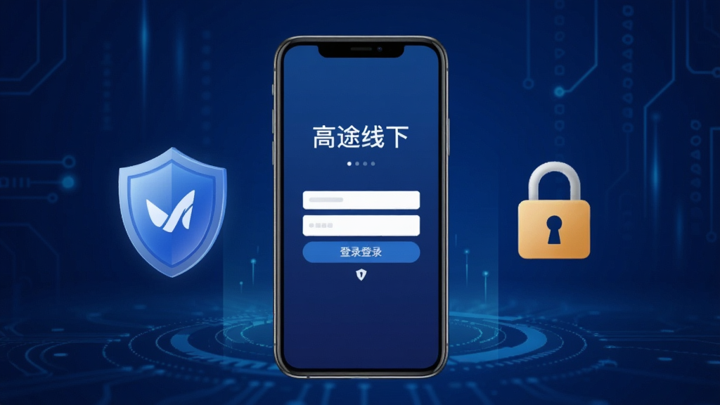 高途线下App安全使用提示图,画面中一部手机显示登录界面,旁边有盾牌图标和锁形图标,背景为深蓝色科技感渐变,风格简洁商务,排版居中,细节清晰,画质干净,无多余元素,图中文字为“高途线下”