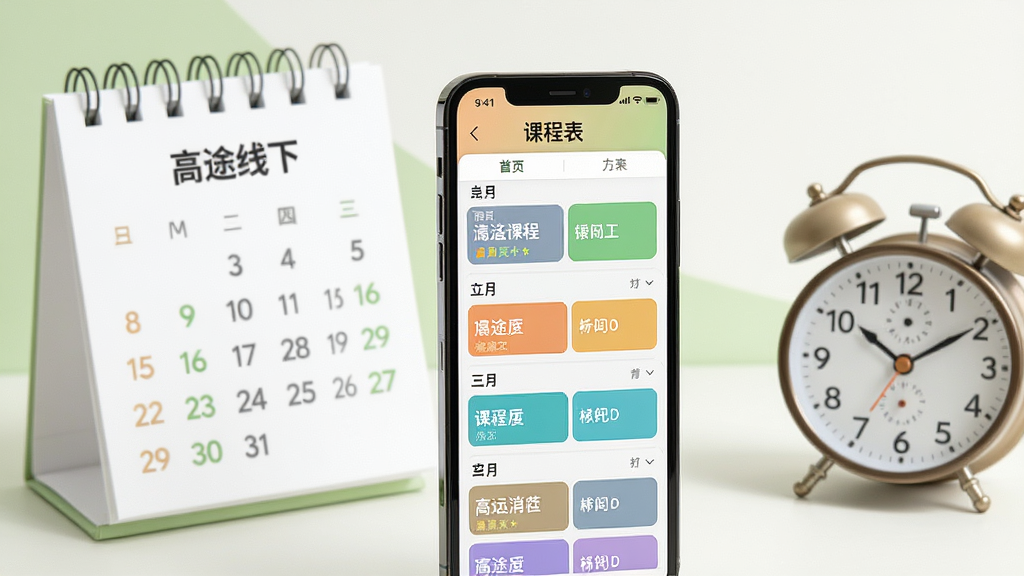高途线下App课程表功能界面图,画面中一部手机显示课程表页面,课程按日期排列,不同科目用不同颜色标注,手机旁边放置日历和时钟元素,背景为白色与浅绿色搭配,风格清新明快,排版简洁,画质干净,无多余元素,图中文字为“高途线下”