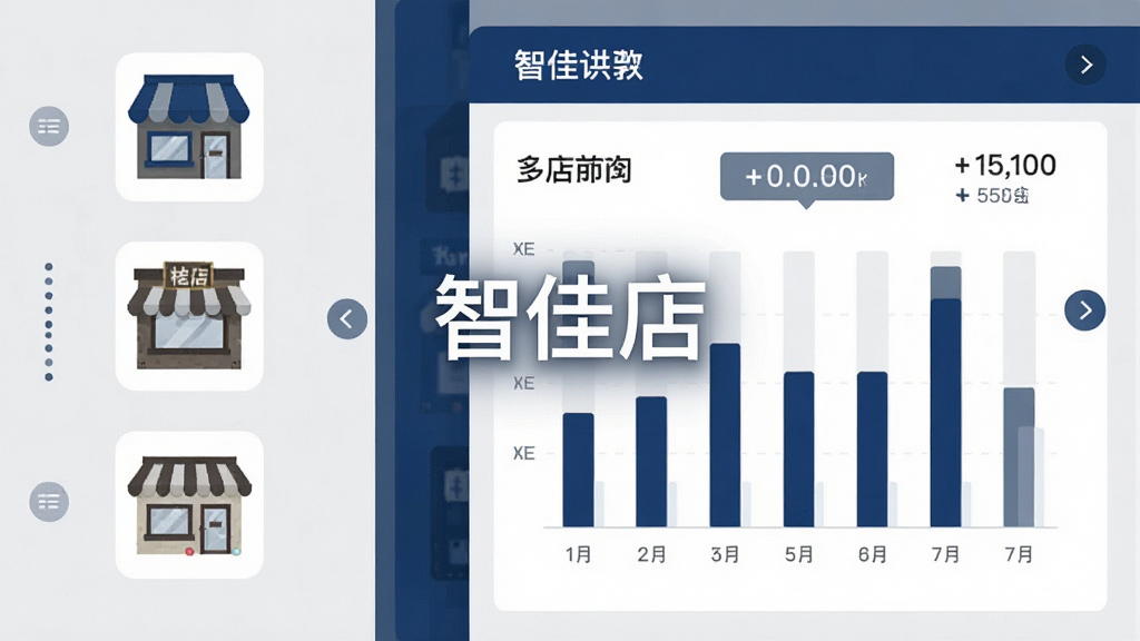 画面展示一个分屏布局,左侧是三家不同门店的缩略图标,右侧是统一的营收数据面板,面板上有柱状图和数字标签;画面中央有“智佳店”字样浮现,整体采用简洁的商务扁平风格,配色以深蓝、浅灰和白色为主,细节上体现多店铺切换的箭头标识,画质清晰,干净,无多余元素