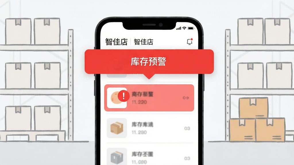 画面主体是一个手机屏幕,屏幕上显示商品库存列表,其中一项商品被红色高亮标注并带有感叹号图标,屏幕上方弹出“库存预警”通知横幅;背景是仓库货架和纸箱的简笔轮廓,风格为现代扁平化UI插画,色调以白色、浅灰和警示红为主,画面中融入“智佳店”文字标识,画质清晰,干净,无多余元素