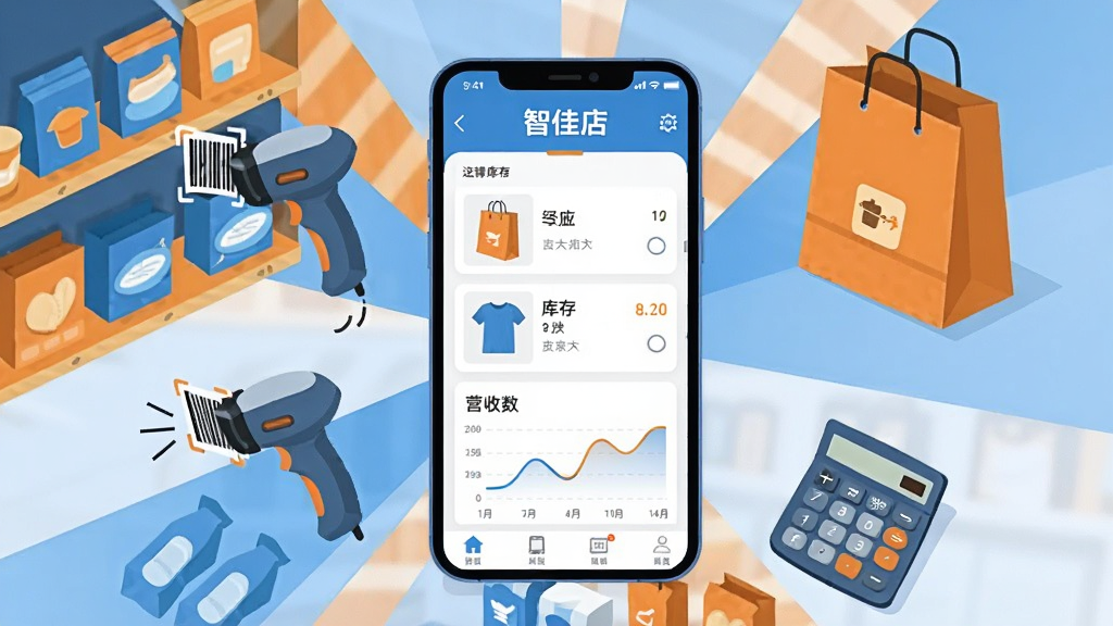 画面中央是一部智能手机,屏幕上显示“智佳店”应用的主界面,界面中包含商品列表、库存数字和营收曲线图;手机周围环绕着货架、扫码枪、购物袋和计算器等零售元素,布局采用中心放射状构图,风格为扁平化商业插画,色调以蓝色和橙色为主,细节上突出界面中的“智佳店”文字标识,画质清晰,干净,无多余元素