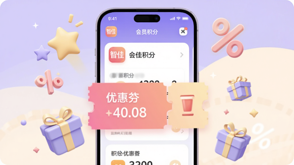 画面中心是一部手机,屏幕上显示会员积分界面和优惠券卡片,周围漂浮着星星、礼品盒和百分比符号等营销元素;画面采用柔和圆角风格,配色以紫色、粉色和浅黄色为主,细节上体现“智佳店”应用图标和积分数字,画质清晰,干净,无多余元素