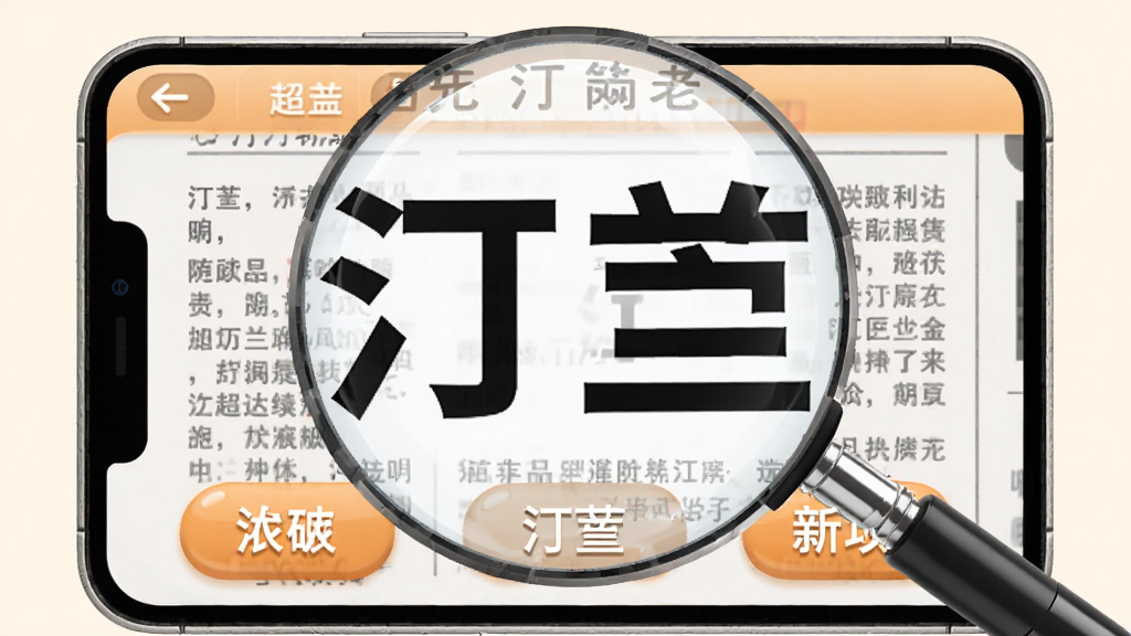 汀兰放大镜应用针对老年人设计的超大字体界面,屏幕中央显示放大的报纸文字,字体清晰锐利,界面按钮硕大且带有中文标签,风格温馨简洁,画质明亮