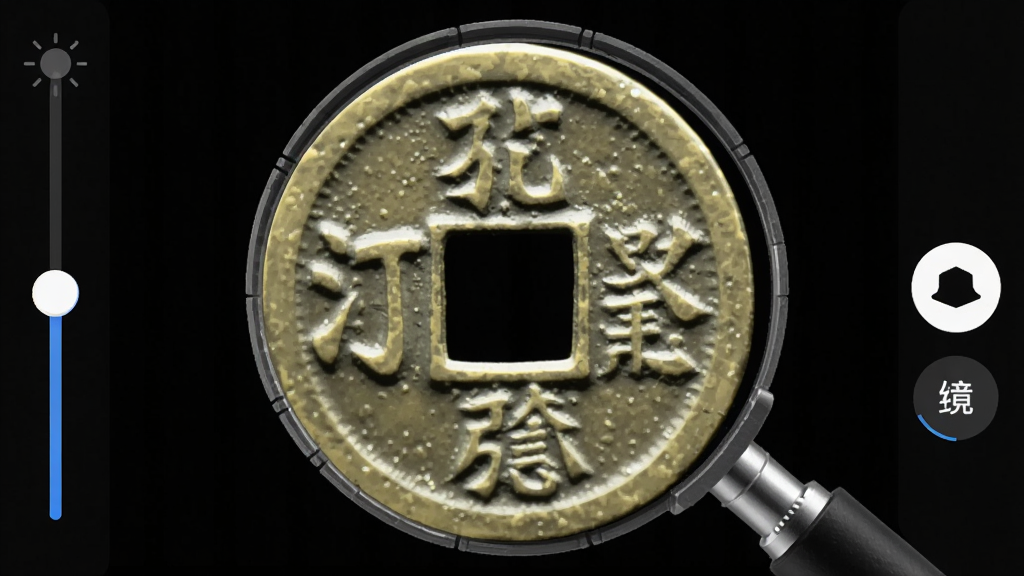 汀兰放大镜应用界面展示补光灯开启状态,画面正在观察一枚古钱币,钱币上的文字在补光下清晰可见,屏幕侧边有亮度调节滑条和滤镜切换按钮,深色背景衬托出金属质感,画质高清无噪点