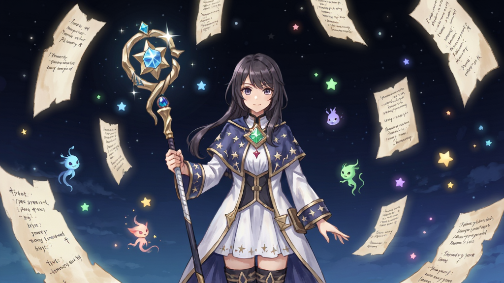 星咏之诗游戏主界面全景展示,画面中央是手持星辰法杖的女性咏者角色,背景为深邃夜空与漂浮的诗篇碎片,四周环绕五颜六色的星灵光点,布局采用中心对称构图,排版突出角色与星辰主题,风格为日系奇幻手绘风,细节包含角色服饰上的星纹刺绣、法杖顶端发光的宝石、飘落的发光文字碎片,画质高清,干净,无多余元素。
