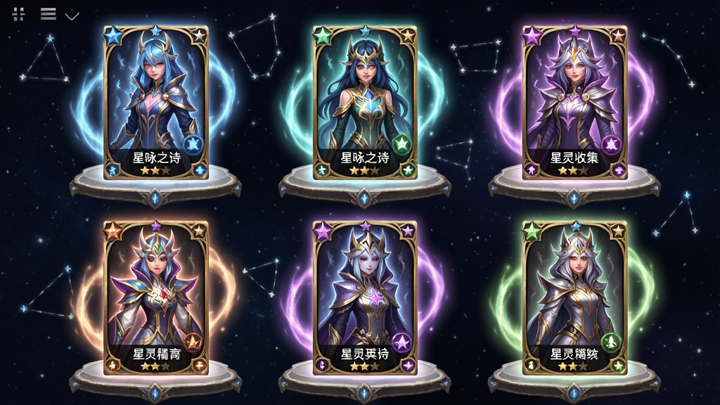 星咏之诗星灵收集界面,画面展示六位不同属性的星灵角色卡牌排列在星空背景的展示台上,每张卡牌周围环绕对应属性的光效,布局为两行三列整齐排列,排版清晰展示卡牌名称与星级,风格为华丽奇幻卡牌风,细节包含卡牌边缘的金色描边、角色服饰的细节纹理、背景中若隐若现的星座连线,画质高清,干净,无多余元素。
