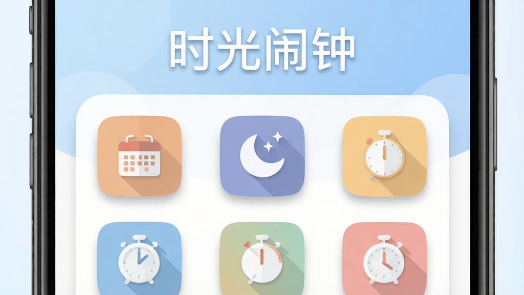 画面中央展示一个手机界面,界面中显示“时光闹钟”四个字,下方有多个场景图标,如会议、睡眠、运动等。布局采用上下结构,上方为标题,下方为图标网格。风格为扁平化设计,色彩柔和。细节包括图标带有轻微的阴影效果,背景为浅蓝色渐变。画质高清,干净,无多余元素。