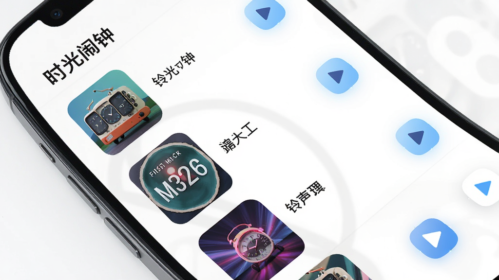 画面展示一个手机界面,界面标题为“时光闹钟”的铃声库,下方排列着多个音乐专辑封面和播放按钮。布局为垂直列表,每个项目左侧是封面,右侧是名称。风格为现代简约,色彩明快。细节包括封面图片有圆角,播放按钮有高亮效果。画质高清,干净,无多余元素。